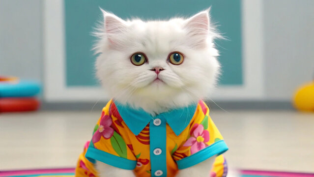 fluffy white cat wearing colorful floral shirt sits on vibrant mat, exuding charm and playfulness
