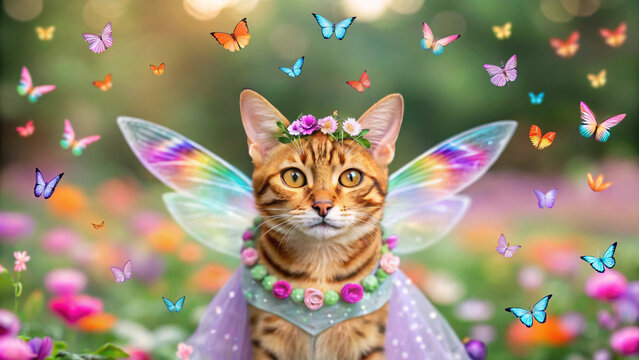 whimsical Bengal cat wearing fairy costume with colorful wings, surrounded by butterflies in vibrant garden