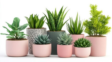 Obraz premium Vibrant Seasonal Plants in Pastel Pots on White Background