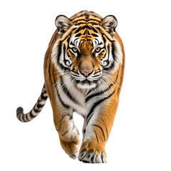 Fototapeta premium Regal Siberian Tiger Walking Powerful Frame Isolated on Transparent Background