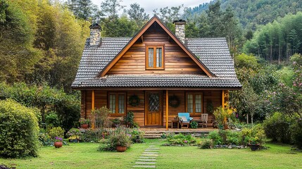Fototapeta premium A charming cottage-style house with a dormer roof, wooden siding, and neatly trimmed accents, blending classic design with rustic appeal. 