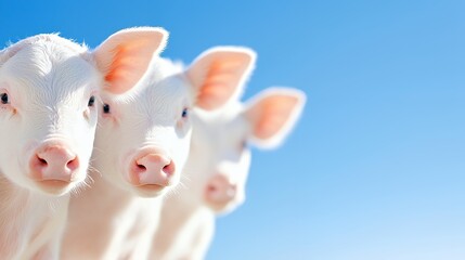 Three Adorable White Piglets Looking at the Camera Against a Clear Blue Sky