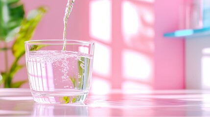 Pouring Water Into Glass Refreshing Hydration in Pink Pastel Light