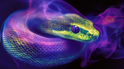 Colorful and Enigmatic Snake Wrapped in Ethereal Smoke Patterns