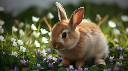 Fototapeta premium Rabbit sitting on a patch of clover surrounded by tiny purple flowers its adorable expression capturing the beauty of nature