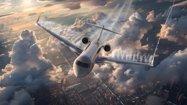 The Majestic XB Aircraft Gliding Through a Stunning Sunset Sky Over a Bustling City