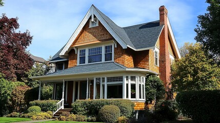 Naklejka premium A classic house exterior featuring a dormer roof, with neatly trimmed shingles and white-framed windows, emphasizing traditional architectural charm. 