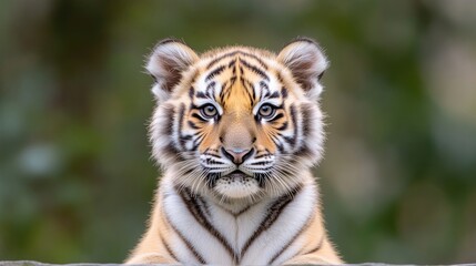 Fototapeta premium Adorable tiger cub, close-up view, facing forward, with striking stripes and a curious expression, amidst a natural backdrop