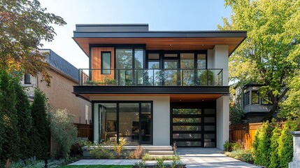 Fototapeta premium A clean-lined modern home with an open balcony on the upper level, its exterior bathed in warm sunlight, located on a serene urban street. 