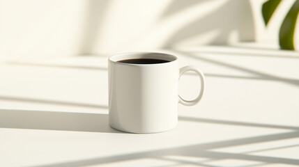 Minimalist White Cup Mockup with Blank Pages – Natural Light & Shadows for Elegant Branding and Design Presentation