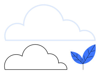 Overlapping cloud forms in light and dark outlines paired with a blue geometric leaf. Ideal for sustainability, minimalism, ecology, technology, environment, innovation, eco-consciousness. Flat