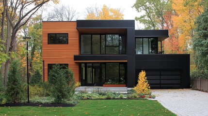 A contemporary cubic house with a minimalist design, blending natural wooden cladding and bold black panel walls, framed by elegant front yard landscaping.  