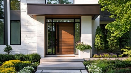 A contemporary house entrance with a simple brown wood door framed by a crisp white facade, exuding understated elegance and modern design.  