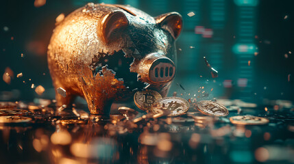 Shattered piggy bank golden Bitcoin coins scattered financial chaos symbolic digital currency loss futuristic background economic collapse concept fiction fantasy concept tech crash fail asset debt