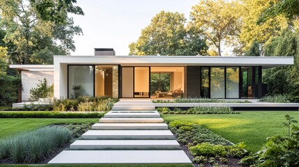 Fototapeta premium A contemporary suburban home featuring a flat roof, neutral tones, and a simple garden with vibrant greenery, set against a crisp white backdrop. 