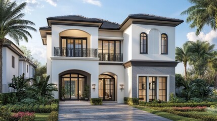 Obraz premium A contemporary two-story home with sharp architectural features and an elegant balcony, its facade highlighted by sunlight in a calm urban setting. 