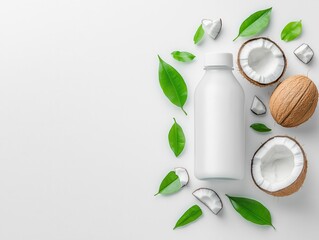 Coconut milk surrounded by fresh coconut halves and green leaves.