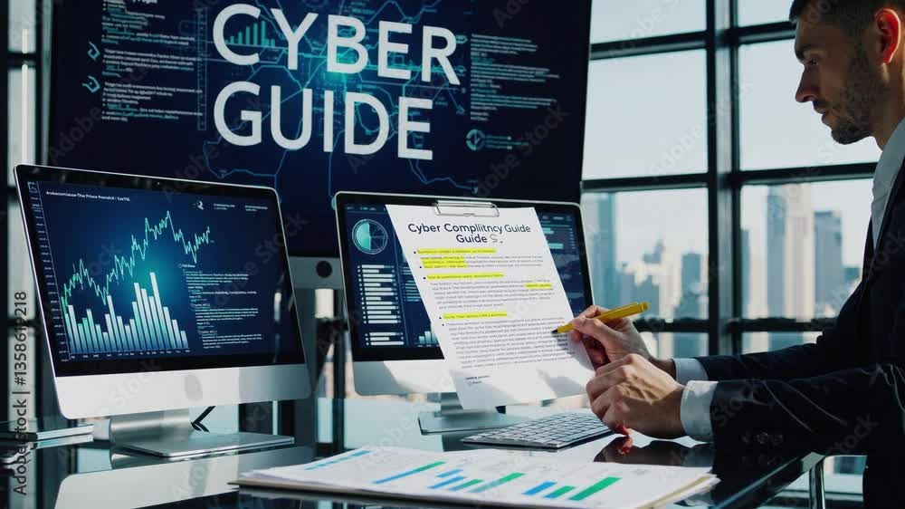 Poster professional adult male analyst in a modern office setting analyzing cybersecurity data with multipl