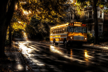 Obraz premium Yellow school bus parked on wet suburban street during sunrise with golden autumn trees and warm sun rays