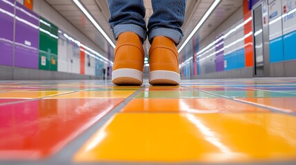 Orange Sneakers Standing on Colorful Subway Floor with Bright Lights Perspective