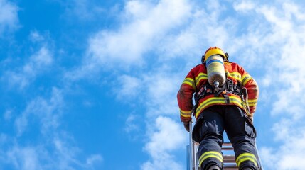 Firefighter Climbing Ladder Against Bright Blue Sky with Clouds
