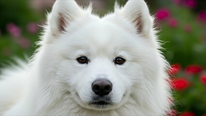 Fototapeta premium White Fluffy Dog in Garden