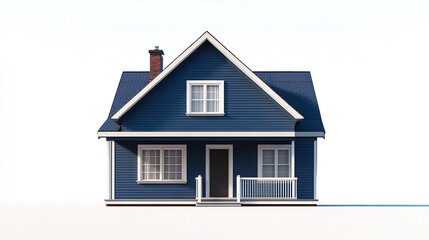 A cozy suburban home featuring blue siding, a neatly trimmed front porch, and a symmetrical gabled roof design, cleanly set against a white backdrop.  