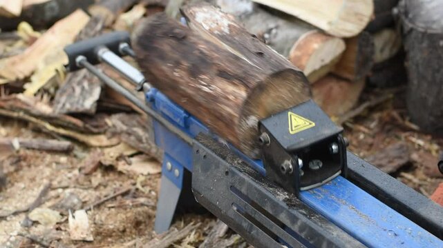 Hydraulic wood splitter splits wormwood. Preparation for the winter.