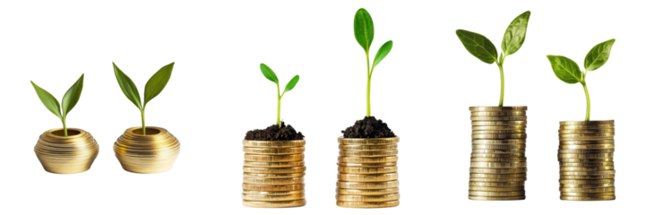 Growth of Plants from Coins Symbolizing Financial Success and Prosperity