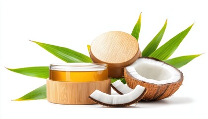 Natural coconut oil in a wooden container with fresh coconut and leaves.