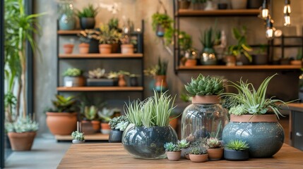 Fototapeta premium 17.A vibrant botany-themed interior showcasing air plants in glass terrariums, ceramic planters of various shapes, and small succulents on a wooden table, creating a harmonious, modern aesthetic.