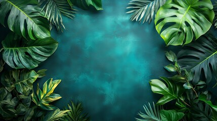 Fototapeta premium Lush Tropical Greenery: A Vibrant Teal Background