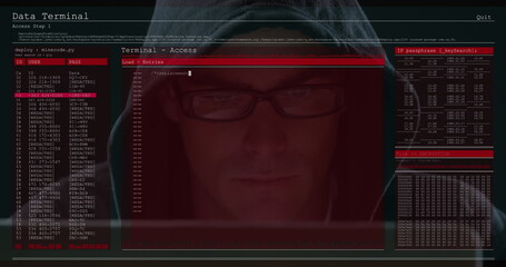 Image of data processing on computer screens over male hacker using computer