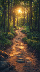 Fototapeta premium Autumn sunrise in the forest with a peaceful path through colorful trees and fallen leaves