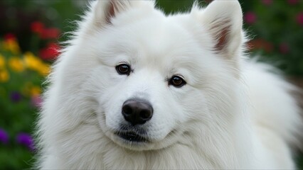 Fototapeta premium Fluffy White Dog in Garden