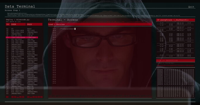 Image of data processing on computer screens over male hacker using computer