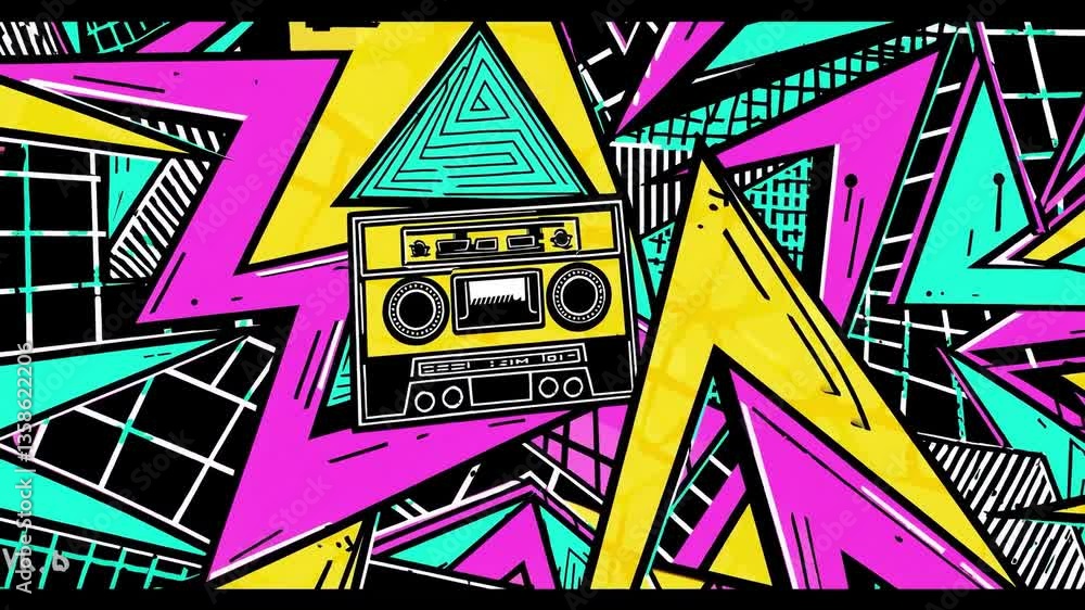 Poster vibrant retro boombox surrounded by colorful geometric patterns reflecting 80s music culture in a dy