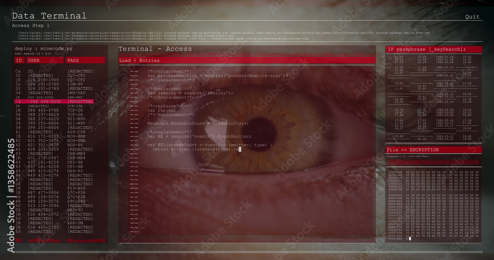 Poster image of data processing on computer screens over close up of eye blinking