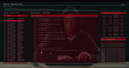 Image of data processing on computer screens over male hacker using computer