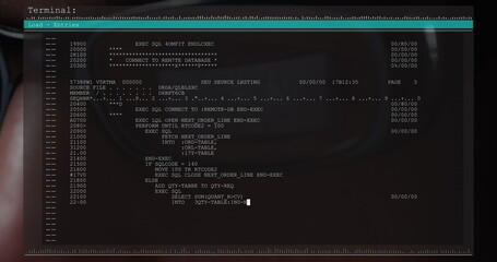 Image of data processing on computer screen over close up of man's face with glasses