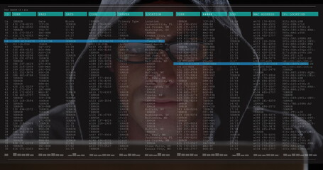 Image of data processing on computer screen over male hacker using computer