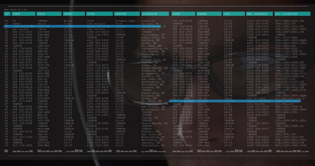 Image of data processing on computer screen over close up of male hacker