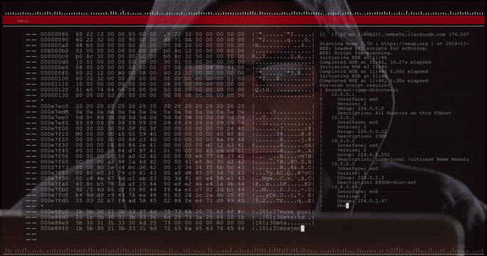 Image of data processing on computer screen over male hacker using computer