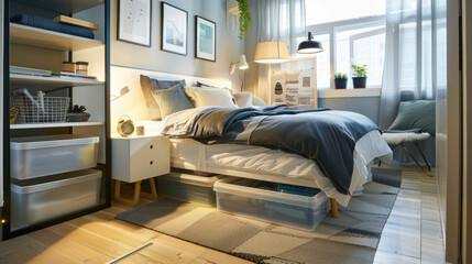 Modern living room interior with fireplace, cozy sofa, pillows, wooden furniture, and a warm atmosphere