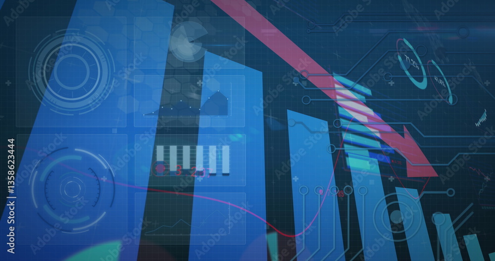 Poster image of data processing with red arrow descending with statistics recording
