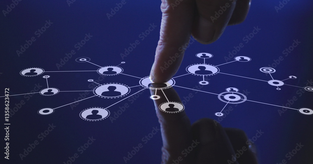 Poster image of man's finger touching interactive screen with network of icons