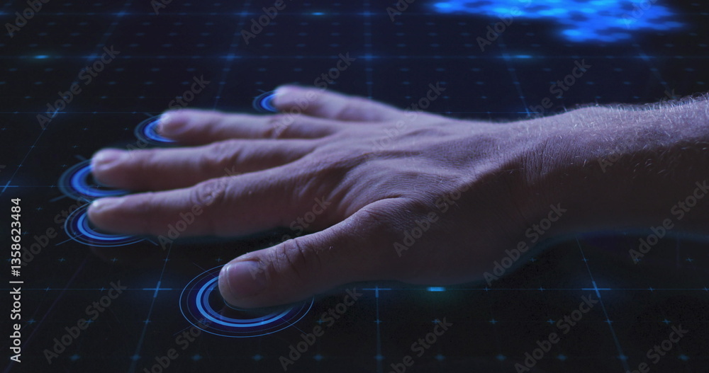 Poster image of man's hand touching interactive screen reading fingerprints and data processing