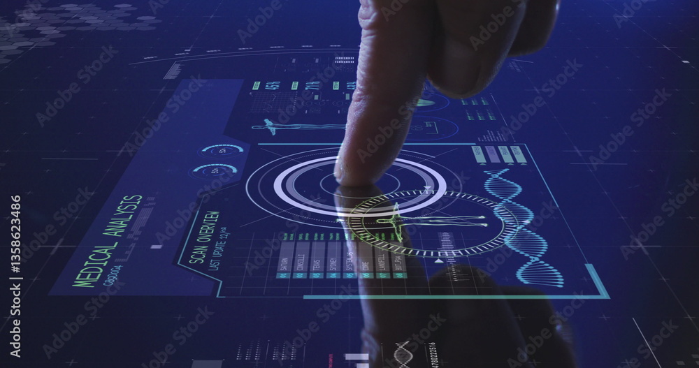 Poster image of man's finger touching interactive screen with medical data processing