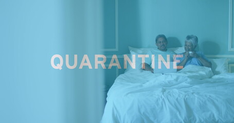Image of covid 19 text over senior couple at home using laptop in bed