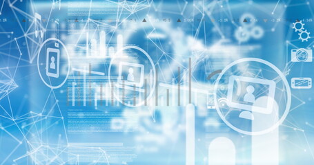 Image of digital icons and networks of connections on glowing blue background